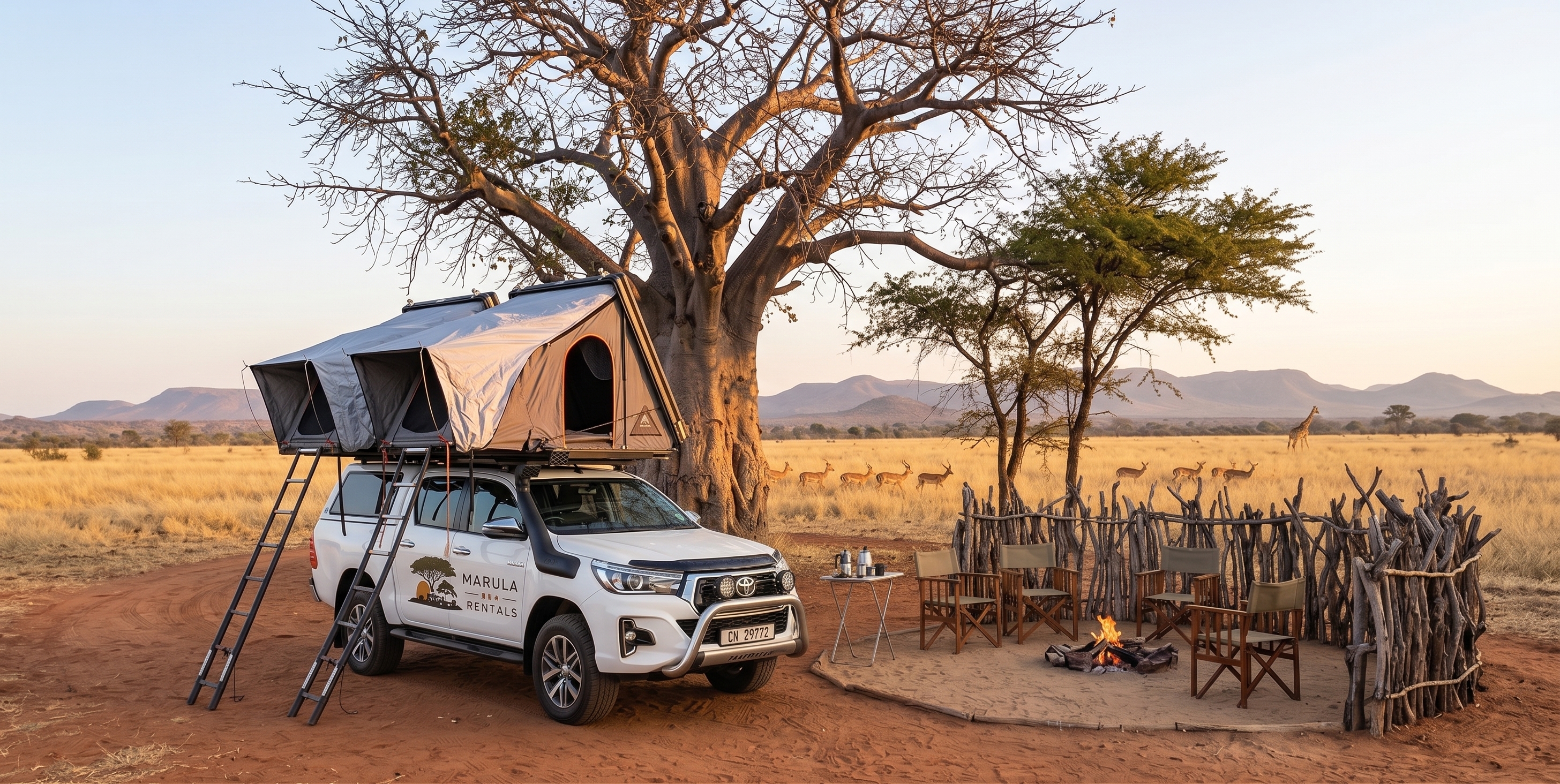 Marula 4x4 Hilux with rooftop tent open at a savanna campsite at sunset